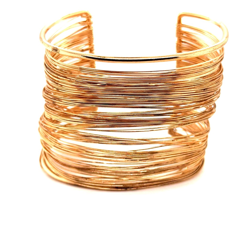 Gold Multi Strand Wire Cuff Bracelet Wide Stacked Statement Boho Jewelry
